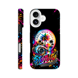 Vibrant iPhone case featuring a colorful turbocharger, palm trees, and stylized text against a black background with paint splatter accents.