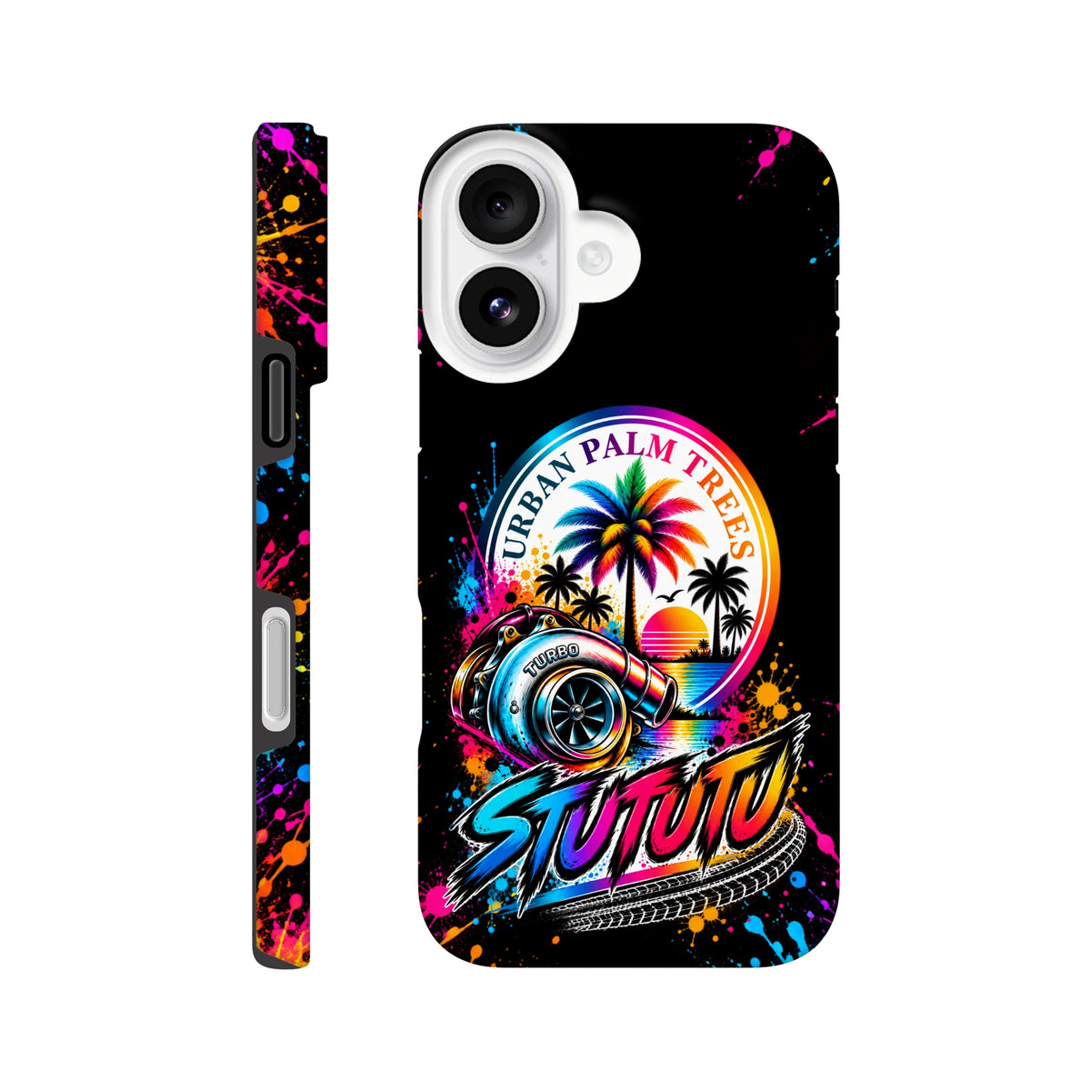 Vibrant iPhone case featuring a colorful turbocharger, palm trees, and stylized text against a black background with paint splatter accents.
