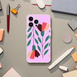 Cute floral iPhone case for 13-16 with slim matte finish, vintage aesthetic, pink background and botanical design
