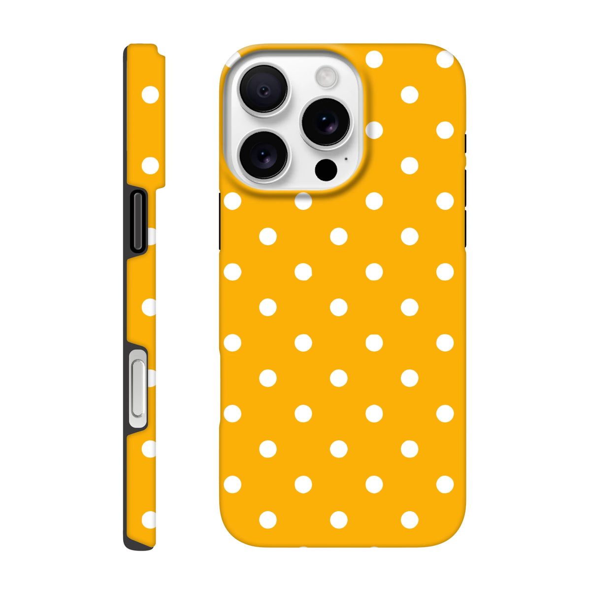Orange & white polka dot tough iPhone case with shock-absorbing TPU shell for iPhone 13-16. Cute protective cover.