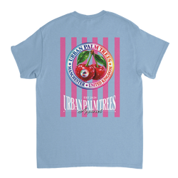 Blue t-shirt back featuring retro pink stripes and a circular cherry graphic with Urban Palm Trees text.