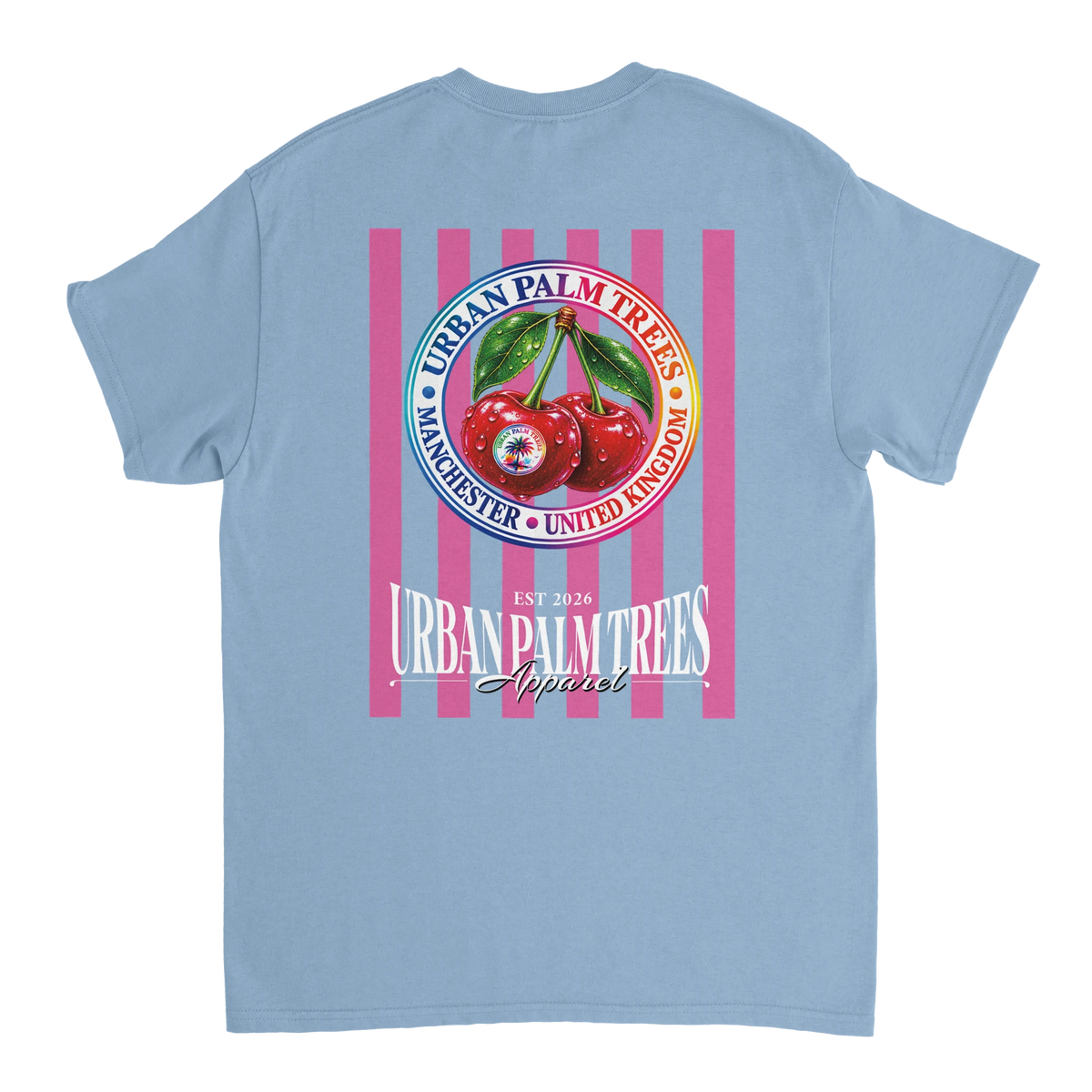 Blue t-shirt back featuring retro pink stripes and a circular cherry graphic with Urban Palm Trees text.