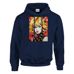 Navy blue pullover hoodie featuring a bold retro blonde pop art woman graphic with vibrant colors and polka dots.