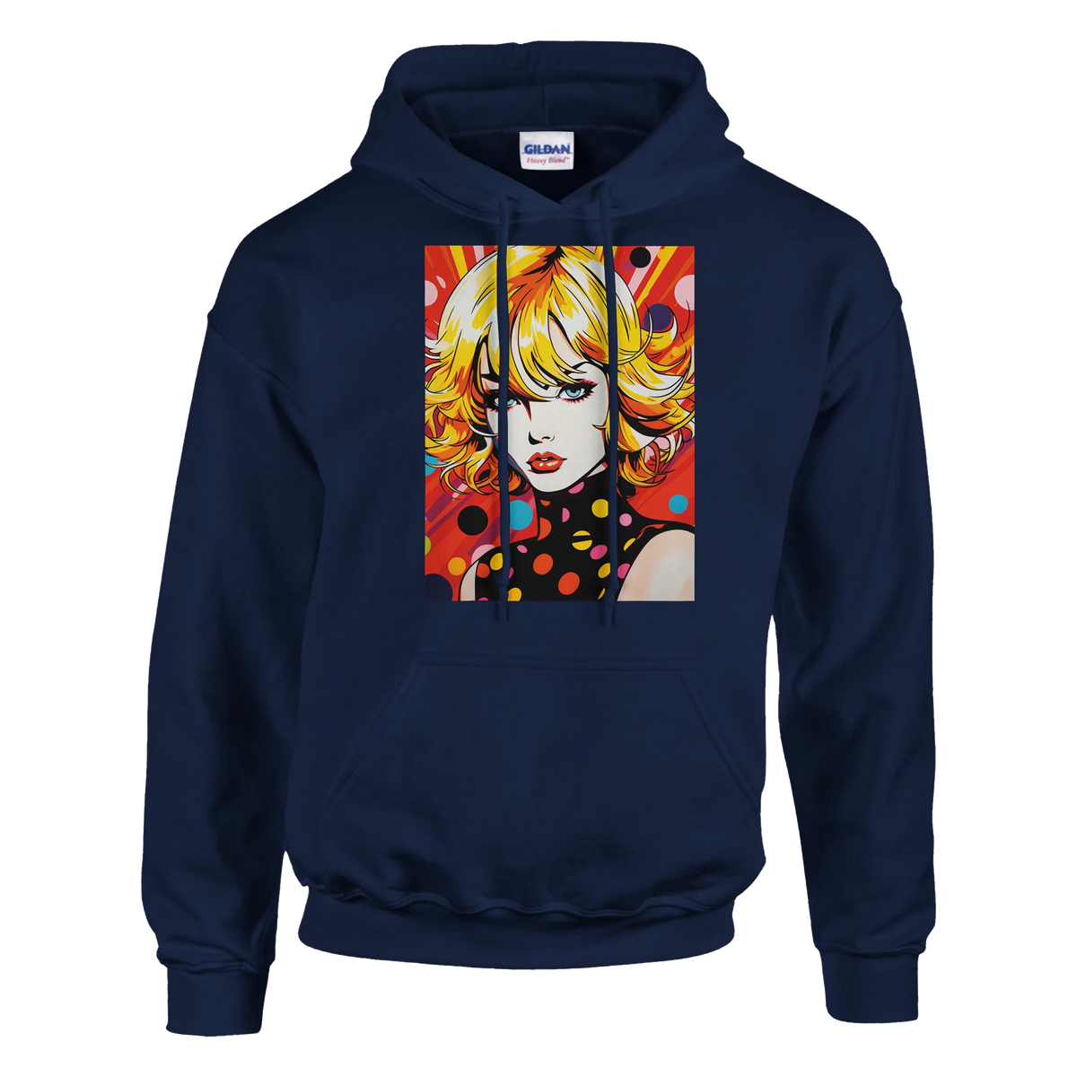 Navy blue pullover hoodie featuring a bold retro blonde pop art woman graphic with vibrant colors and polka dots.