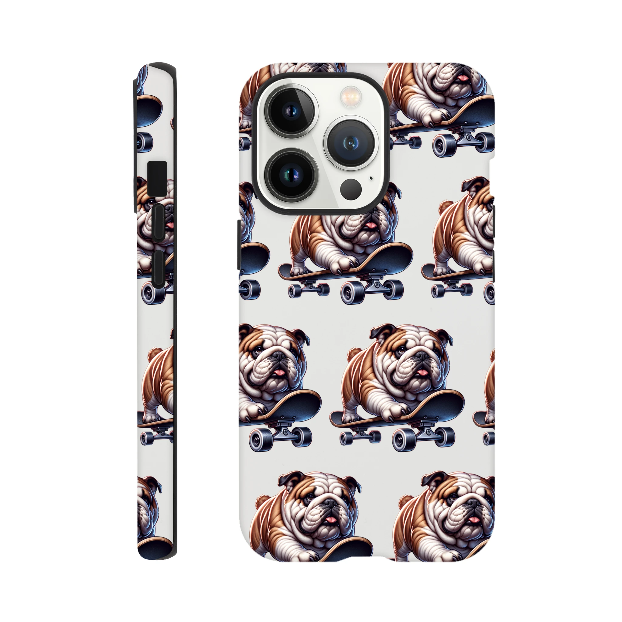British Bulldog skateboard print phone case for iPhone 16–13, dual‑layer protective wraparound cover.