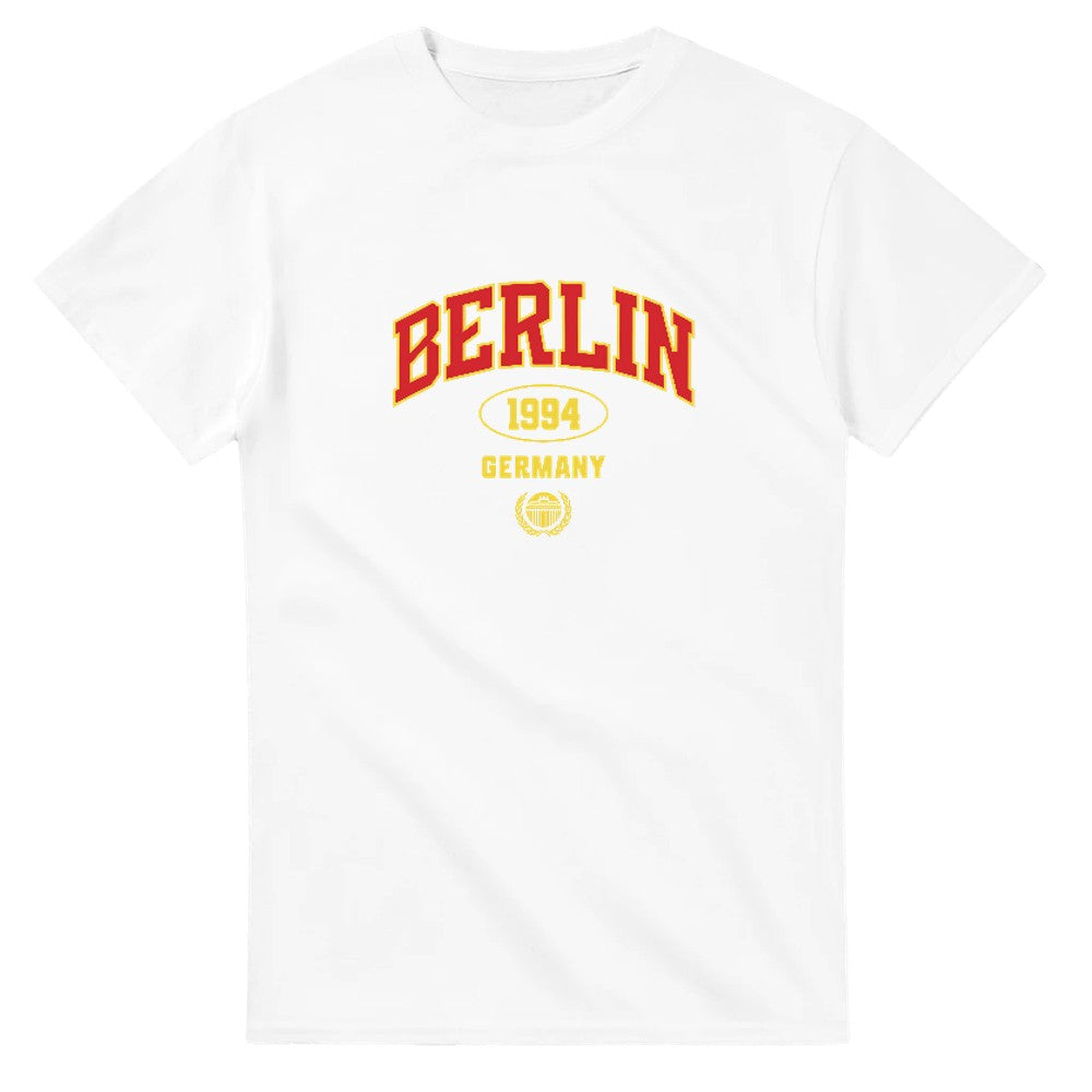 Berlin Women's Graphic T-Shirt in white with red BERLIN 1994 and yellow Germany logo; soft cotton blend, sizes S–XL.