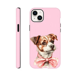 Pink tough iPhone case featuring a cute dog wearing a floral bow. Shock-absorbent phone cover for urban use.