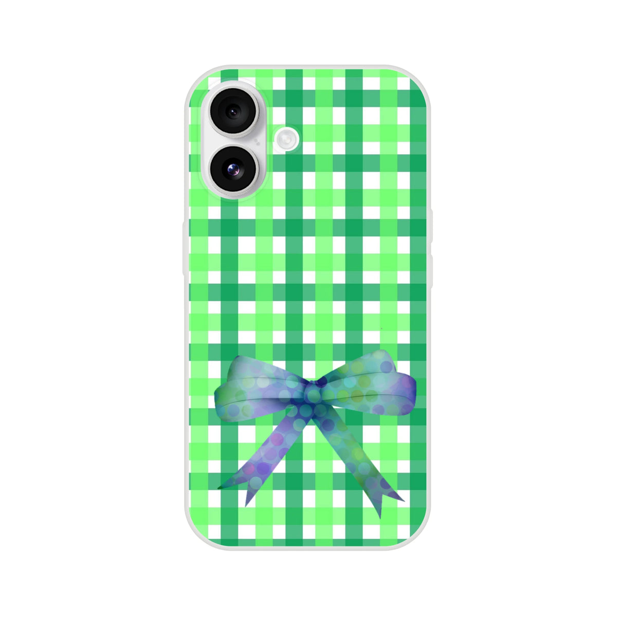 Green gingham bow iPhone case (13-16) with frosty transparent TPU and printed bow in Cute Coquette Aesthetic.