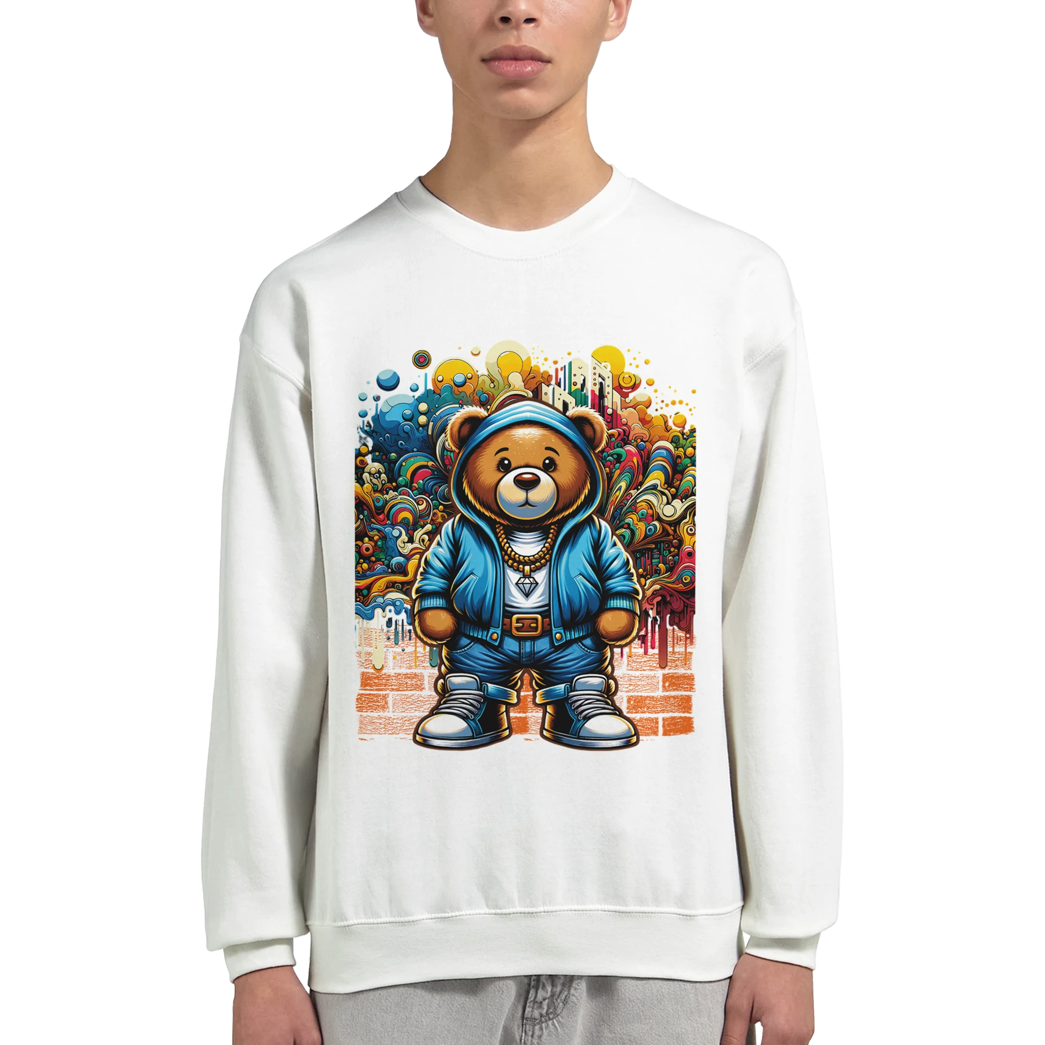 White cotton-blend Urban Teddy Bear men's graphic sweatshirt with a colorful bear in a blue hoodie against graffiti background.