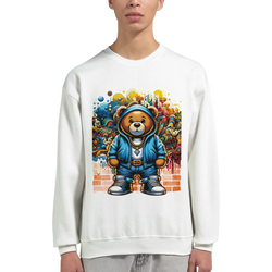 White cotton-blend Urban Teddy Bear men's graphic sweatshirt with a colorful bear in a blue hoodie against graffiti background.
