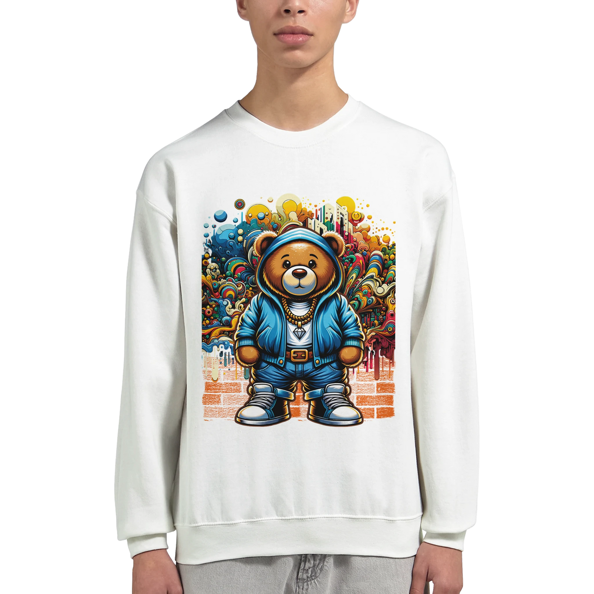 White cotton-blend Urban Teddy Bear men's graphic sweatshirt with a colorful bear in a blue hoodie against graffiti background.