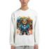 White cotton-blend Urban Teddy Bear men's graphic sweatshirt with a colorful bear in a blue hoodie against graffiti background.