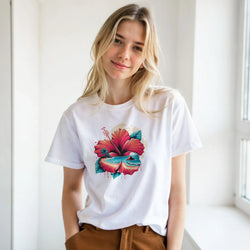 Woman wearing white hibiscus graphic T-shirt with colorful tropical flowers, retro summer style.