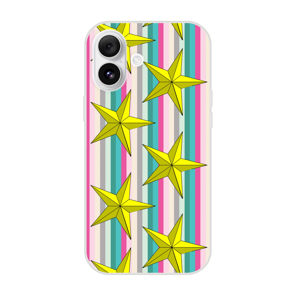 Pastel stripe gold star iPhone case (13-16); slim, matte cover with cute aesthetic design
