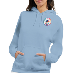 Light blue women's hoodie featuring a colorful tropical retro palm tree chest logo and front kangaroo pocket for streetwear style.