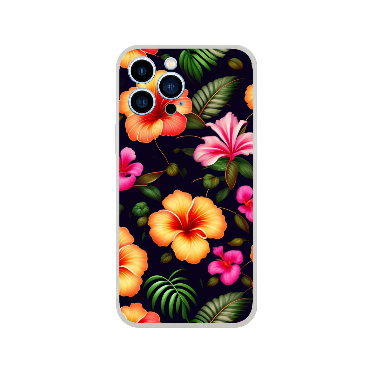 Tropical hibiscus floral iPhone case for 13–16 with bold petals on a dark background