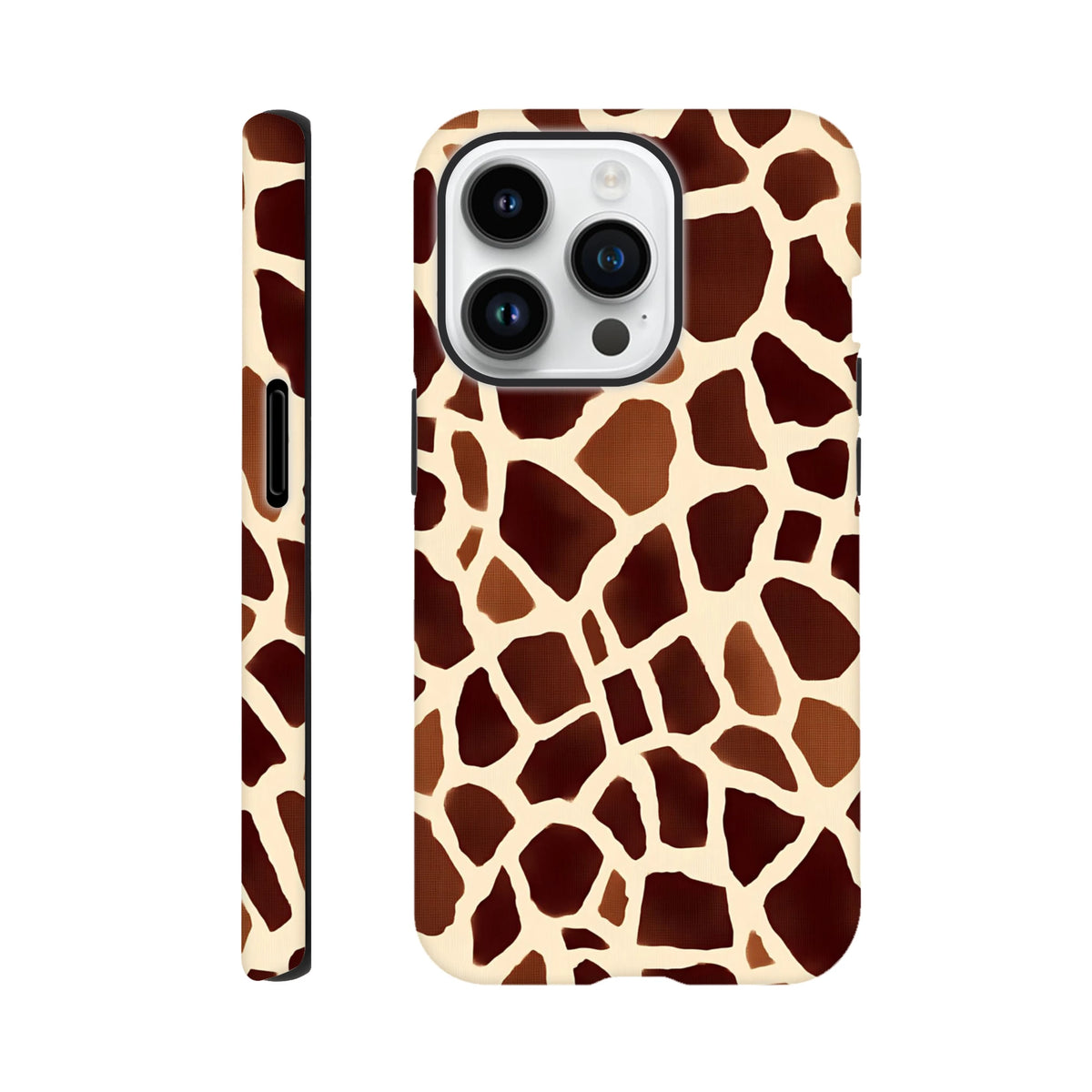 Tough giraffe print iPhone case featuring a bold safari animal pattern. Wildlife motif wraps edges for durable style on iPhone 13-16.