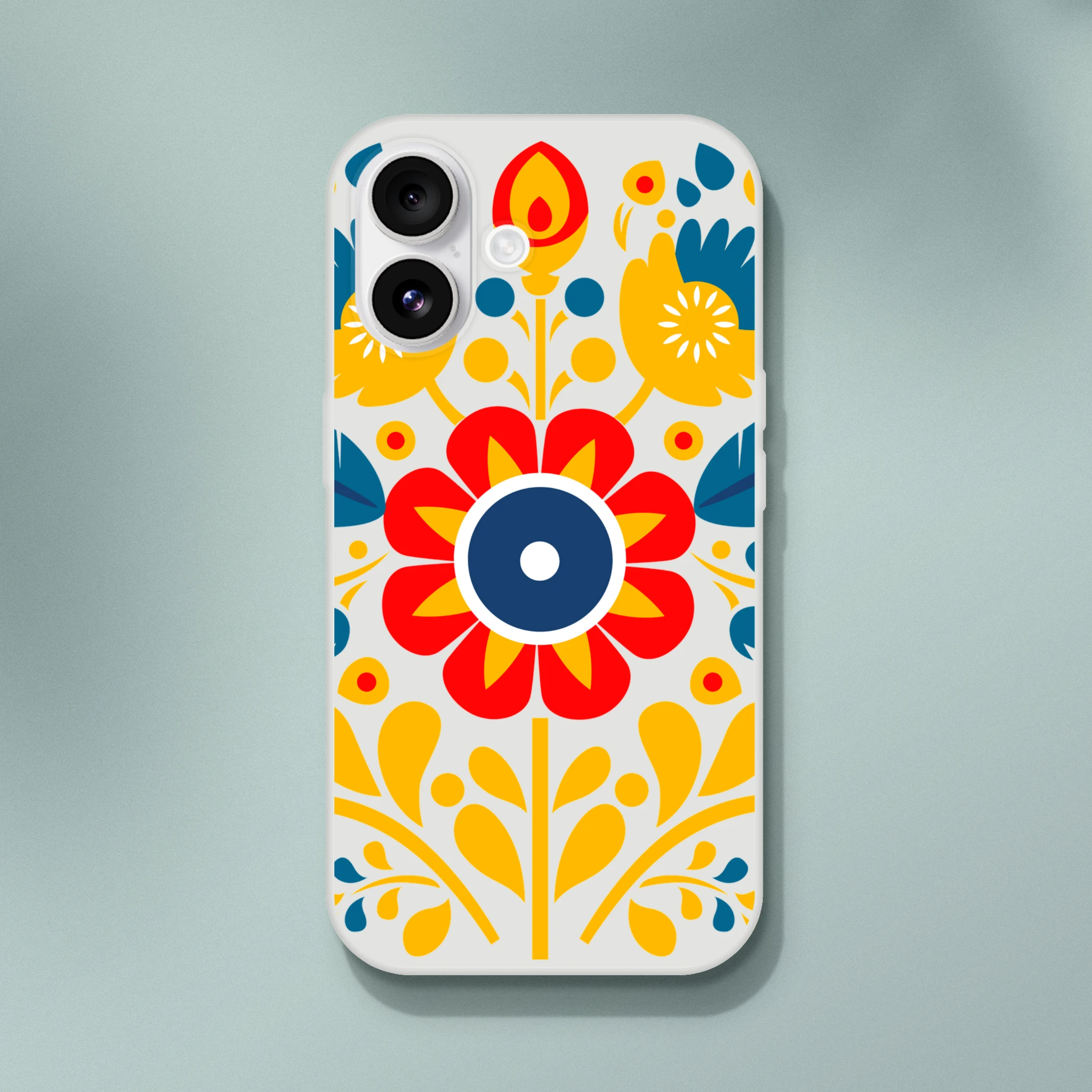Floral slim protective case for iPhone 13-16 with frosty transparent finish and bold red, yellow, blue flower design.