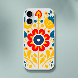 Floral slim protective case for iPhone 13-16 with frosty transparent finish and bold red, yellow, blue flower design.
