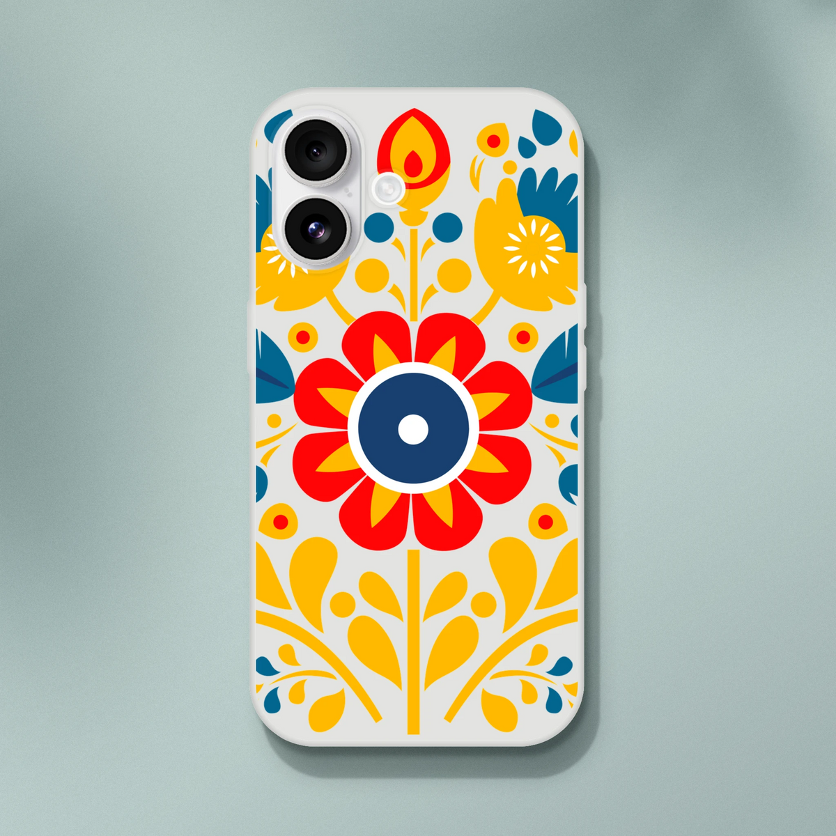 Floral slim protective case for iPhone 13-16 with frosty transparent finish and bold red, yellow, blue flower design.