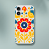 Floral slim protective case for iPhone 13-16 with frosty transparent finish and bold red, yellow, blue flower design.