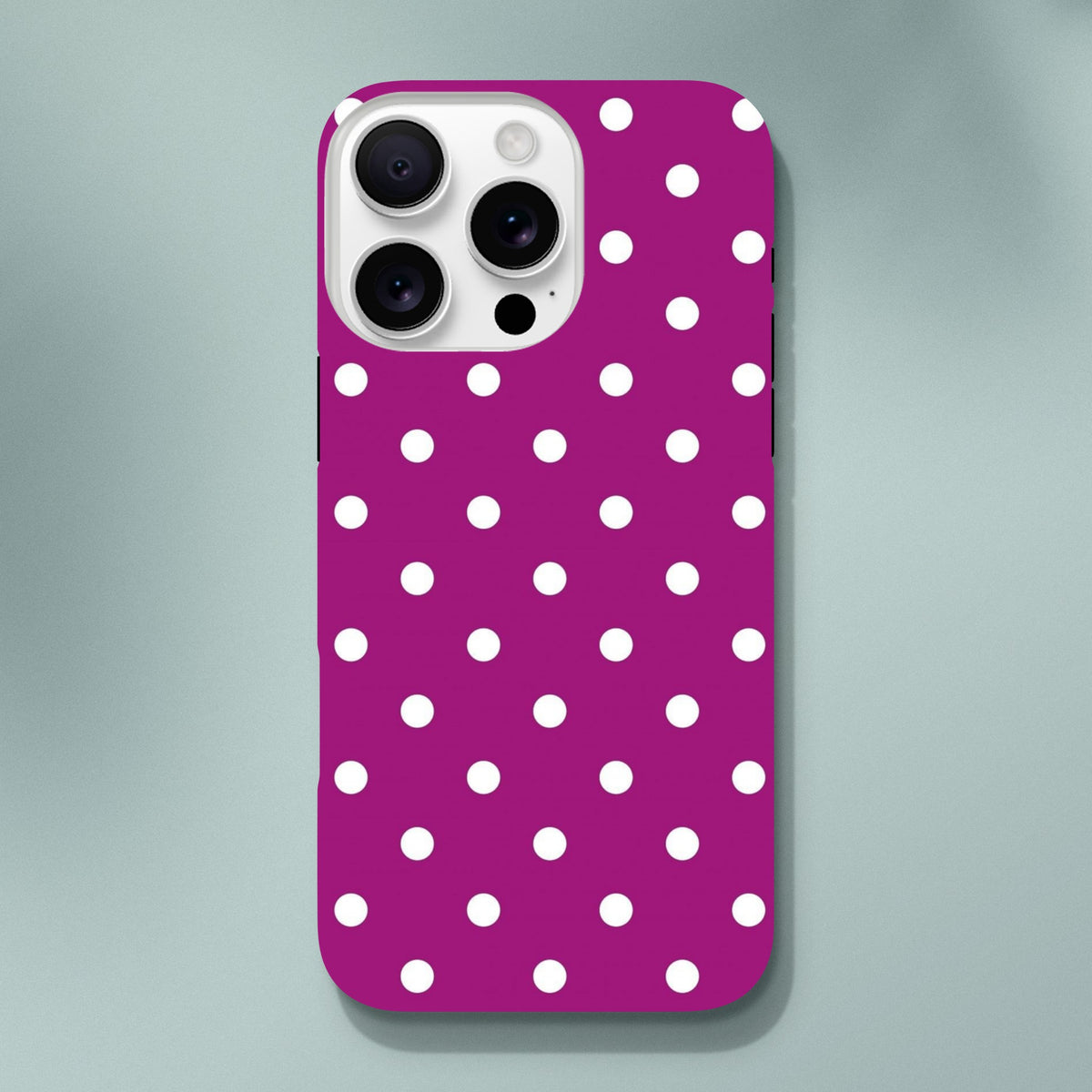 Purple and white polka dot tough iPhone case with shock absorbing TPU protection for iPhone 13 through 16 models.