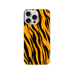 Orange and black tiger print iPhone case for 13-16, bold animal aesthetic.