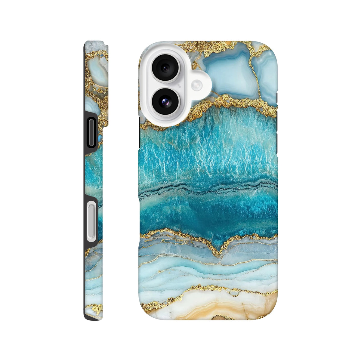Blue Agate tough iPhone case featuring a striking teal and gold marble layout with protective edges for models 13 through 16.