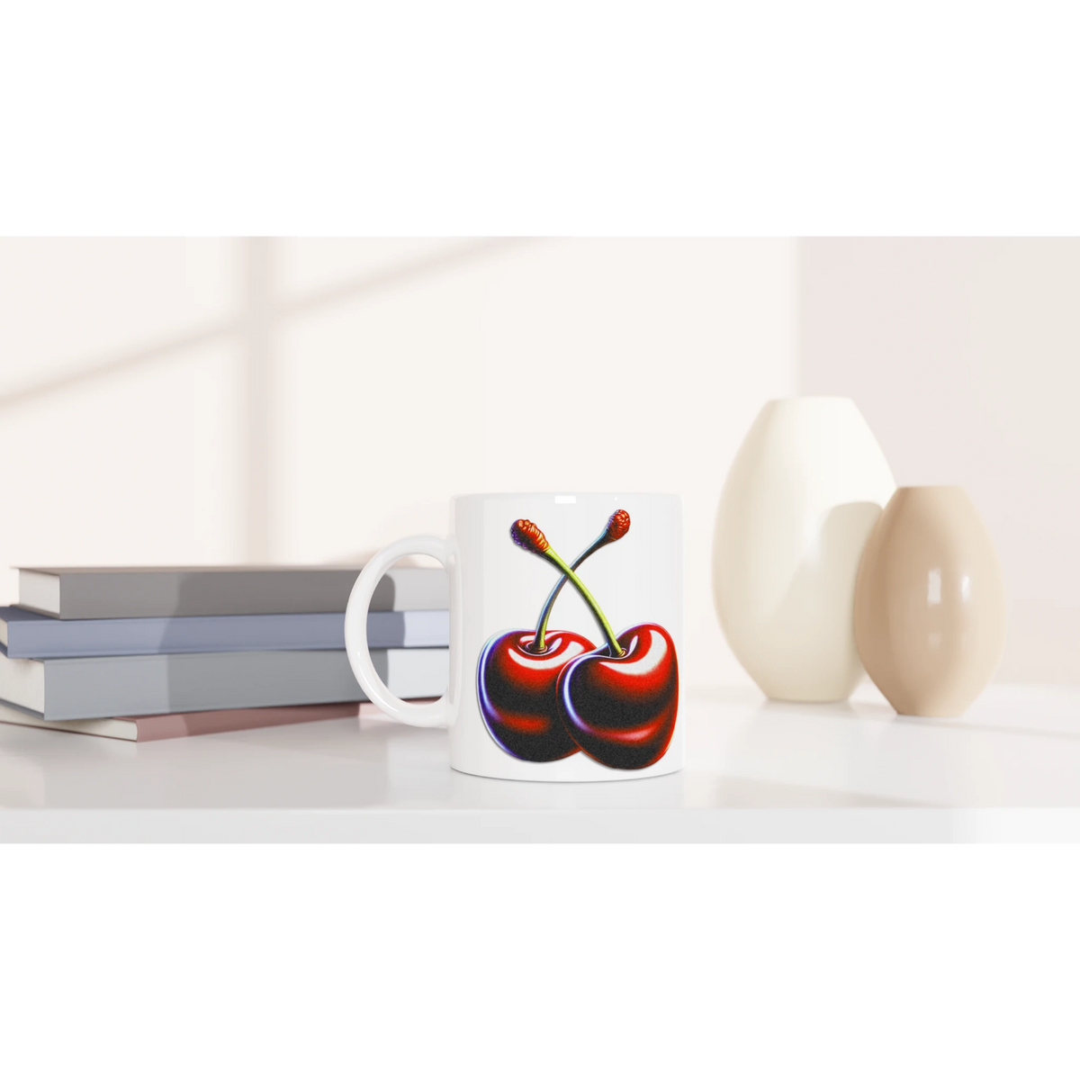 Cute Cherry Mug with retro aesthetic cherry print on white ceramic beside stacked books.