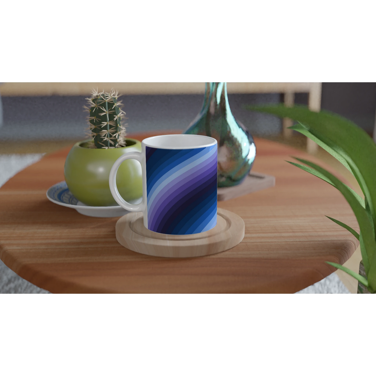 Blue Retro Wave Mug with abstract Y2K swirl ceramic design on a wooden table.