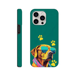 Teal iPhone case featuring a cool dog wearing sunglasses with yellow paw prints and shock-absorbing protection.