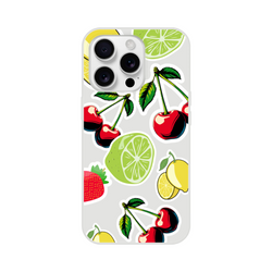 Transparent iPhone case featuring a colorful cherry, lime, and lemon sticker effect design for a fresh, slim protective cover.