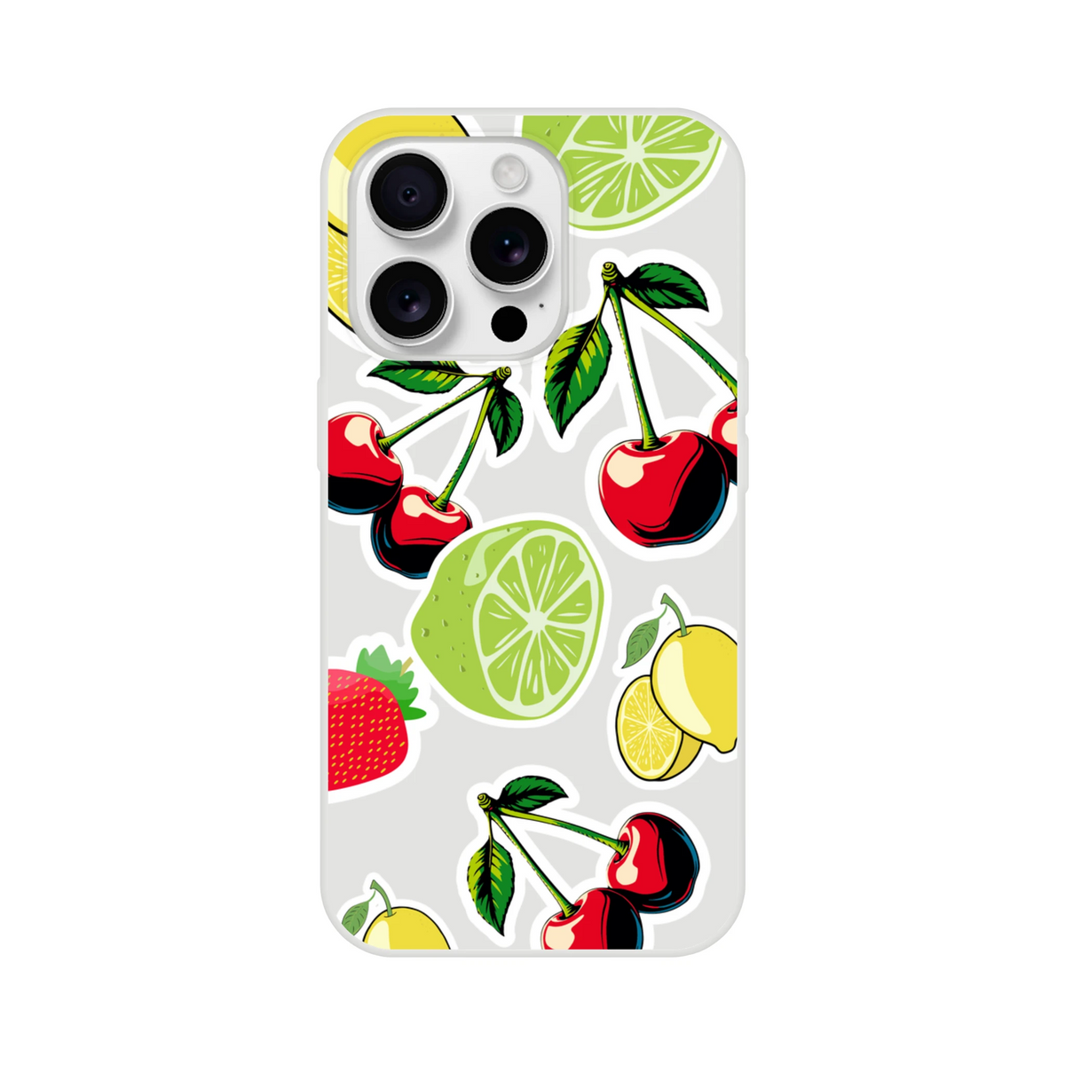 Transparent iPhone case featuring a colorful cherry, lime, and lemon sticker effect design for a fresh, slim protective cover.