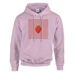 Soft pink hoodie featuring a retro strawberry graphic on a red and white gingham square background for vintage-inspired style.