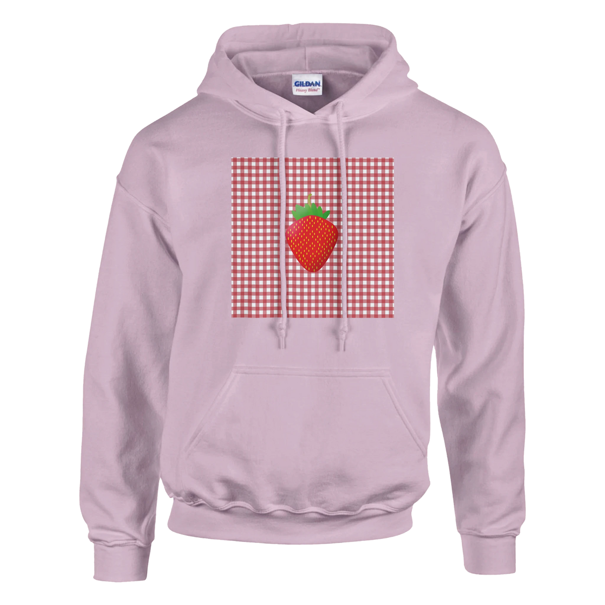 Soft pink hoodie featuring a retro strawberry graphic on a red and white gingham square background for vintage-inspired style.