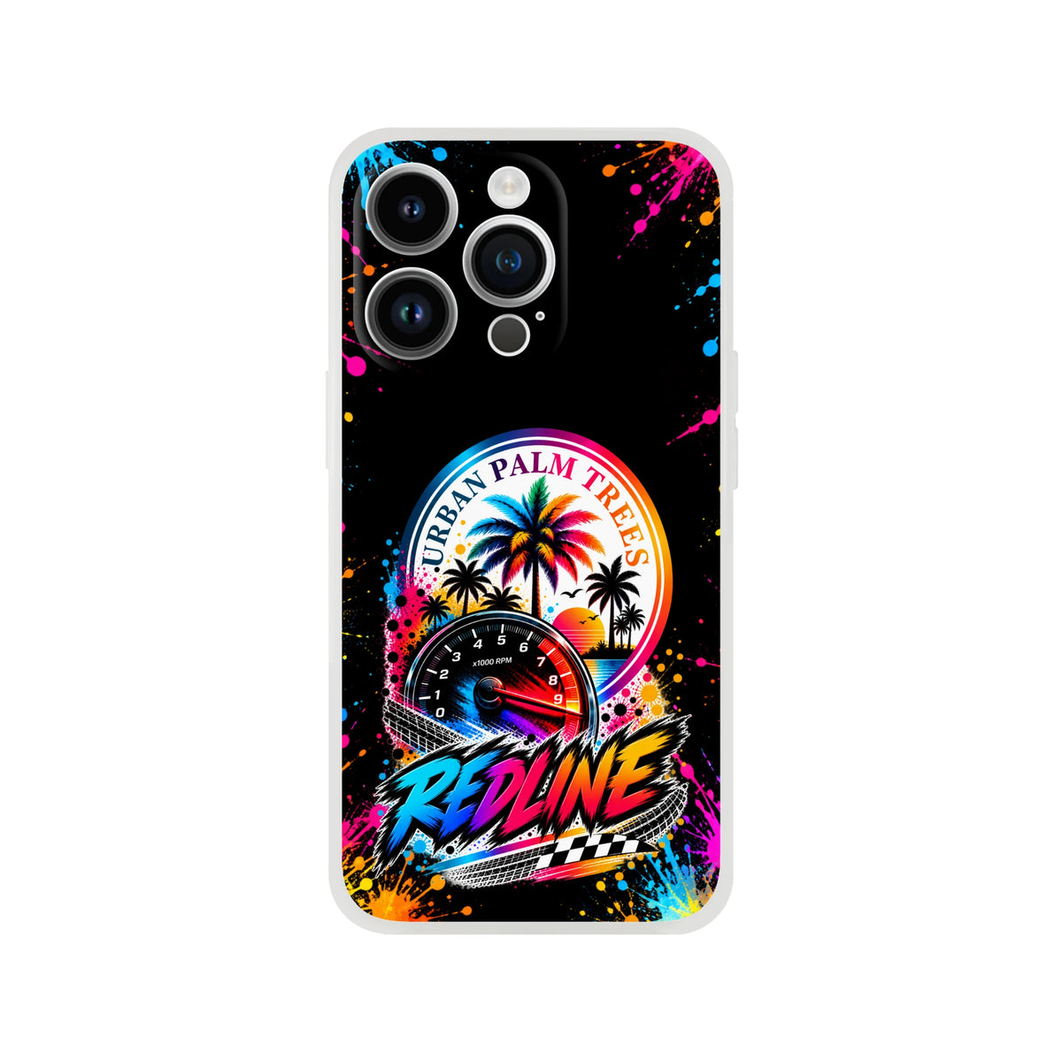 Redline car culture iPhone case featuring a colorful tachometer, Urban Palm Trees graphic, and vibrant splatter art design.