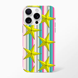 Retro iPhone case with yellow 3D stars on pink and teal vertical stripes, offering tough shock-absorbing protection.