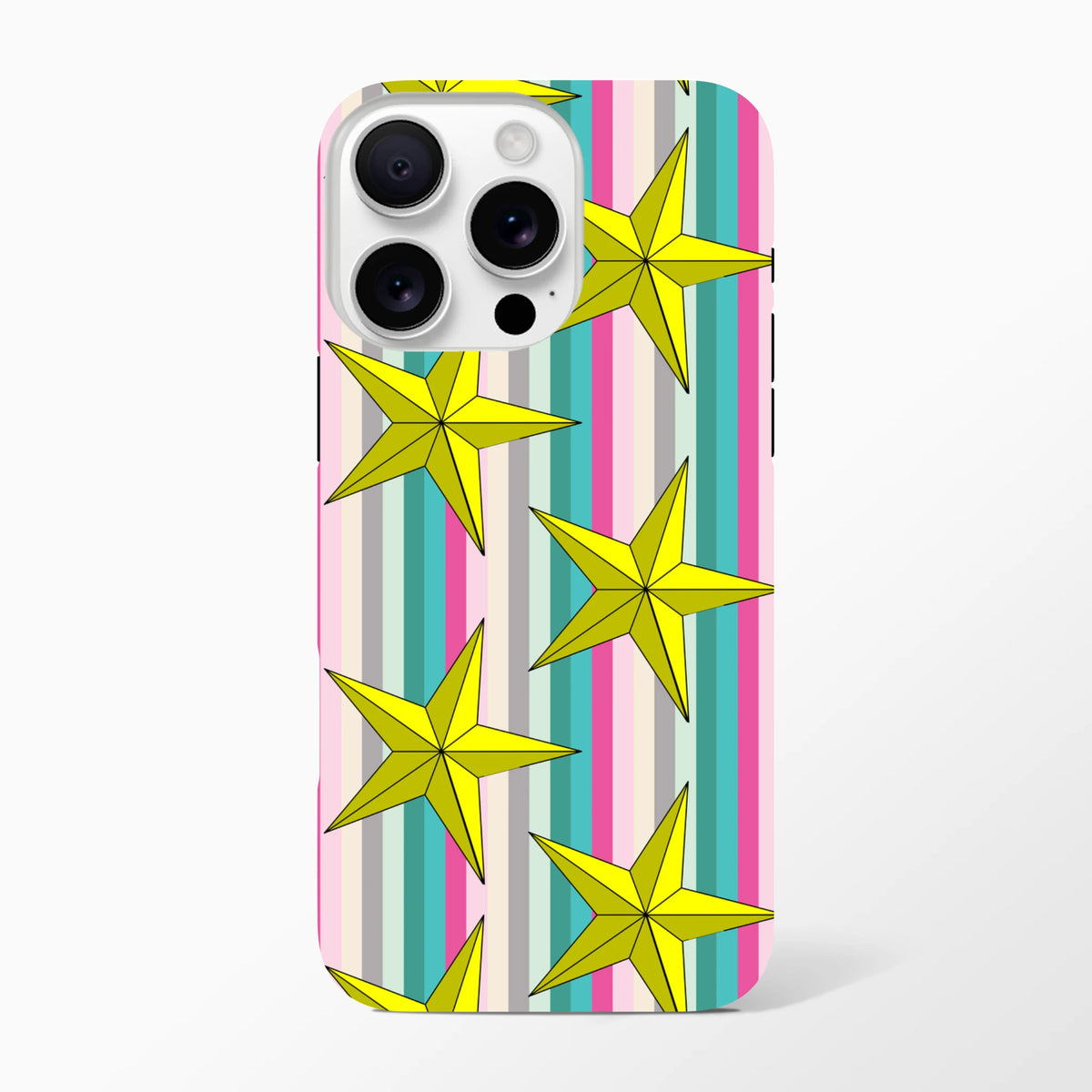 Retro iPhone case with yellow 3D stars on pink and teal vertical stripes, offering tough shock-absorbing protection.
