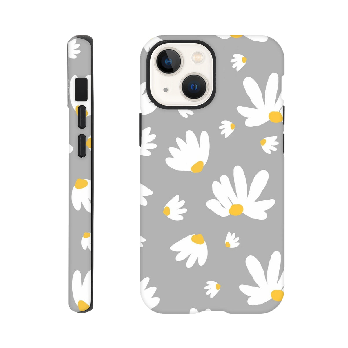 Grey iPhone case featuring white daisies with yellow centers for protective, stylish phone coverage.