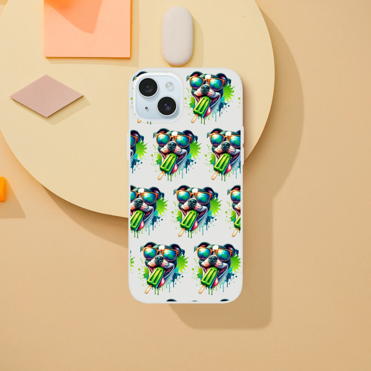 Slim transparent iPhone case for 13–16 featuring a repeating cool dog with sunglasses and a popsicle.