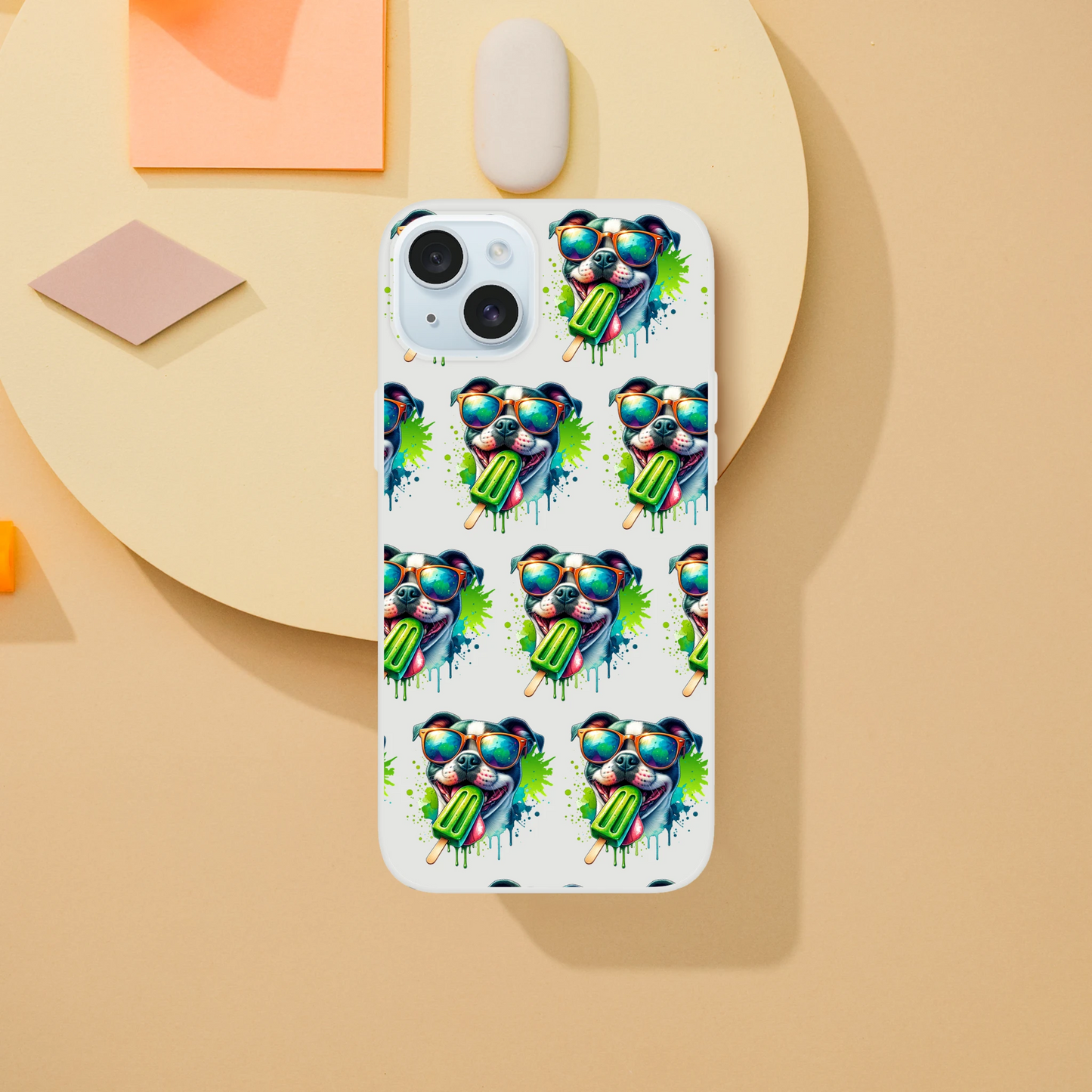Slim transparent iPhone case for 13–16 featuring a repeating cool dog with sunglasses and a popsicle.