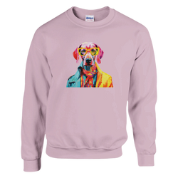 Pastel pink sweatshirt features a vibrant colorful dog graphic wearing sunglasses and a jacket.