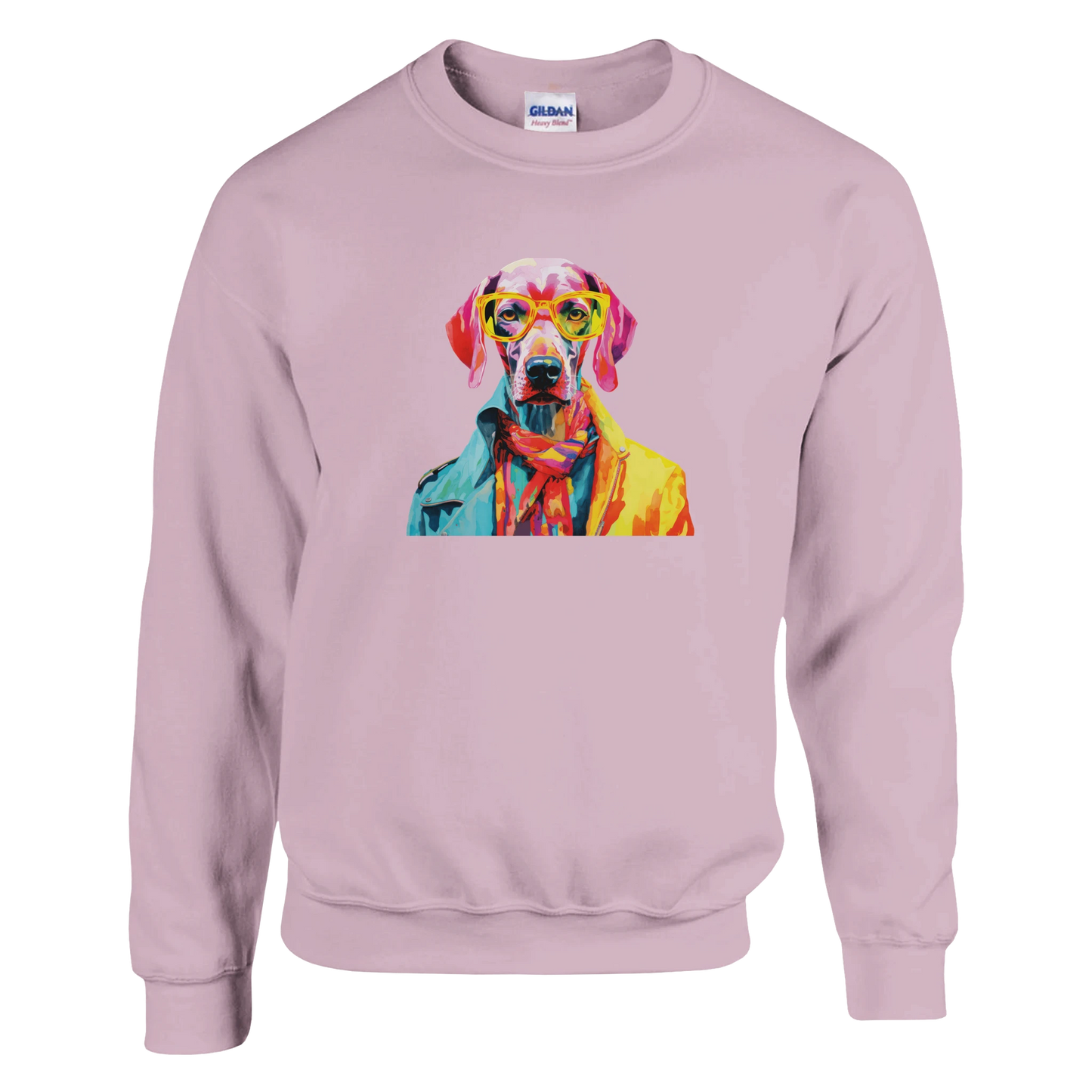 Pastel pink sweatshirt features a vibrant colorful dog graphic wearing sunglasses and a jacket.