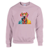 Pastel pink sweatshirt features a vibrant colorful dog graphic wearing sunglasses and a jacket.