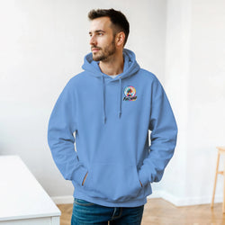 Man wearing light blue Full Send petrolhead streetwear hoodie with front pouch pocket and retro palm tree graphic on chest.