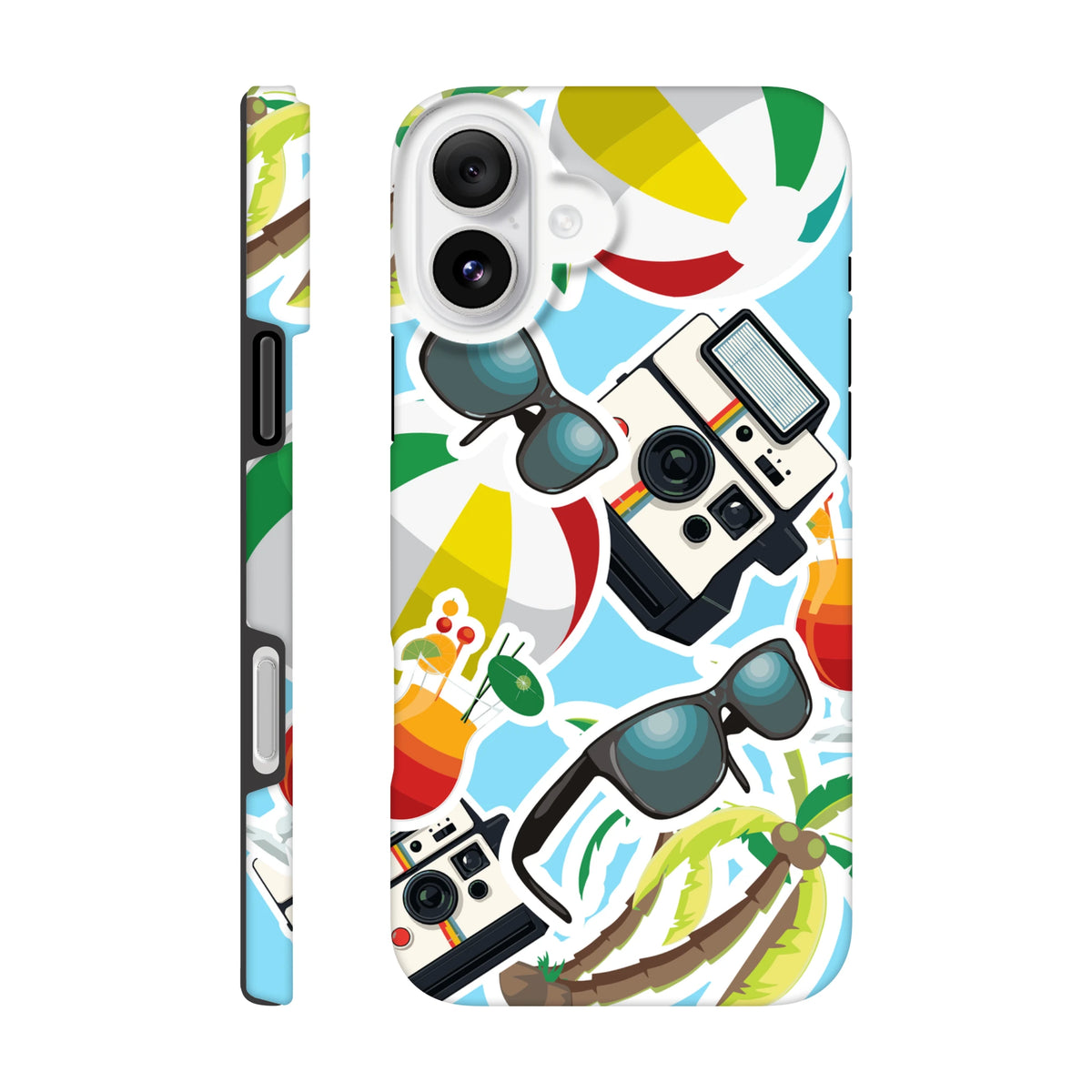 Blue summer holiday iPhone case featuring palm tree, sunglasses, camera, and beach ball sticker art for festival and city style.