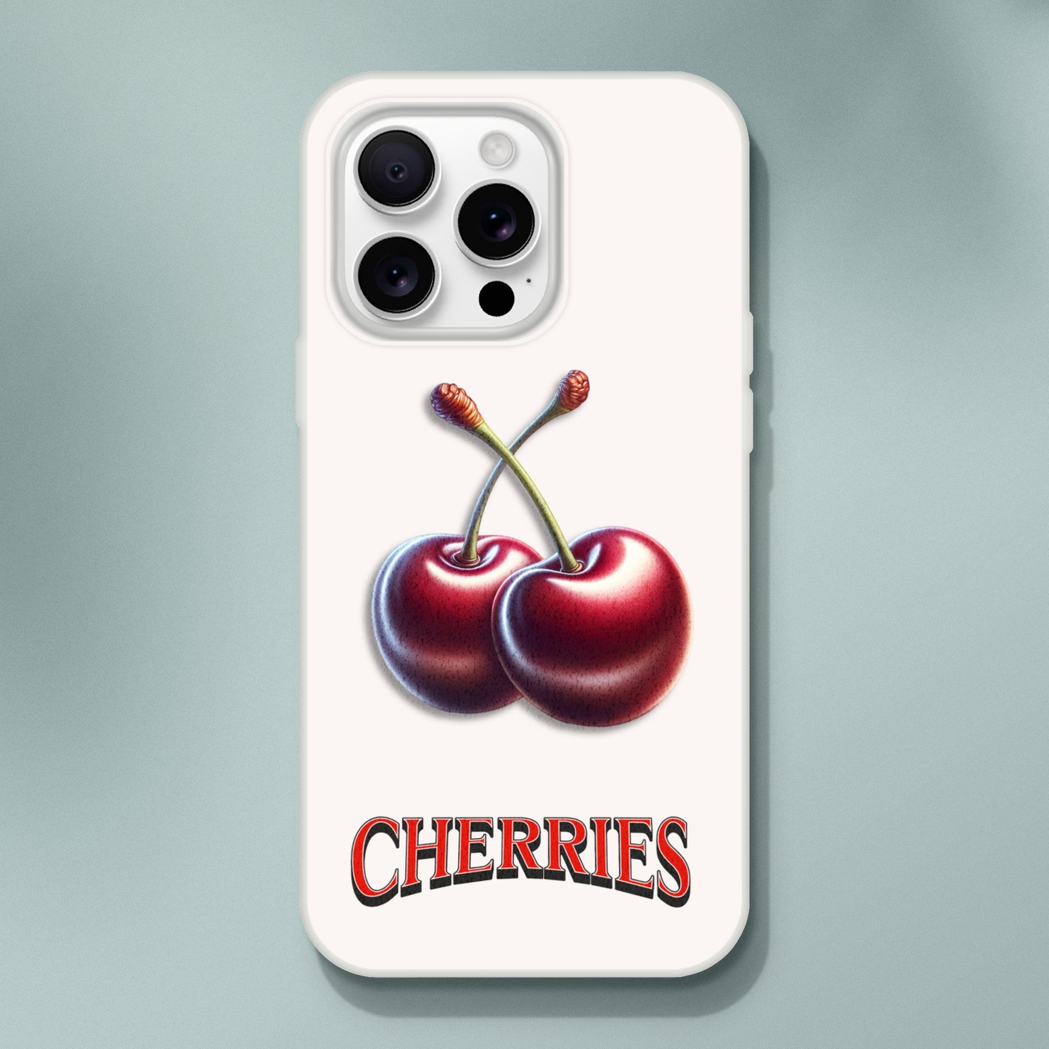 Cherry-themed iPhone case with two cherries and CHERRIES lettering on white background.