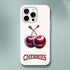 Cherry-themed iPhone case with two cherries and CHERRIES lettering on white background.