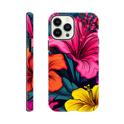 Vibrant tropical hibiscus iPhone case featuring bold pink, orange, and yellow florals on a dark wraparound design for tough protection.