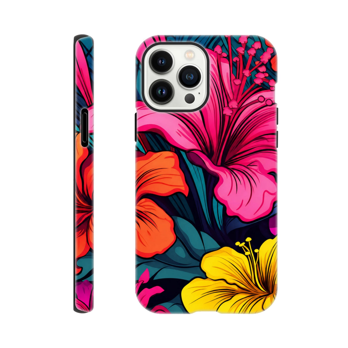 Vibrant tropical hibiscus iPhone case featuring bold pink, orange, and yellow florals on a dark wraparound design for tough protection.